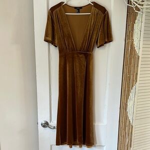 Gold Velvet Plunging Neck Raglan Sleeve Midi Dress